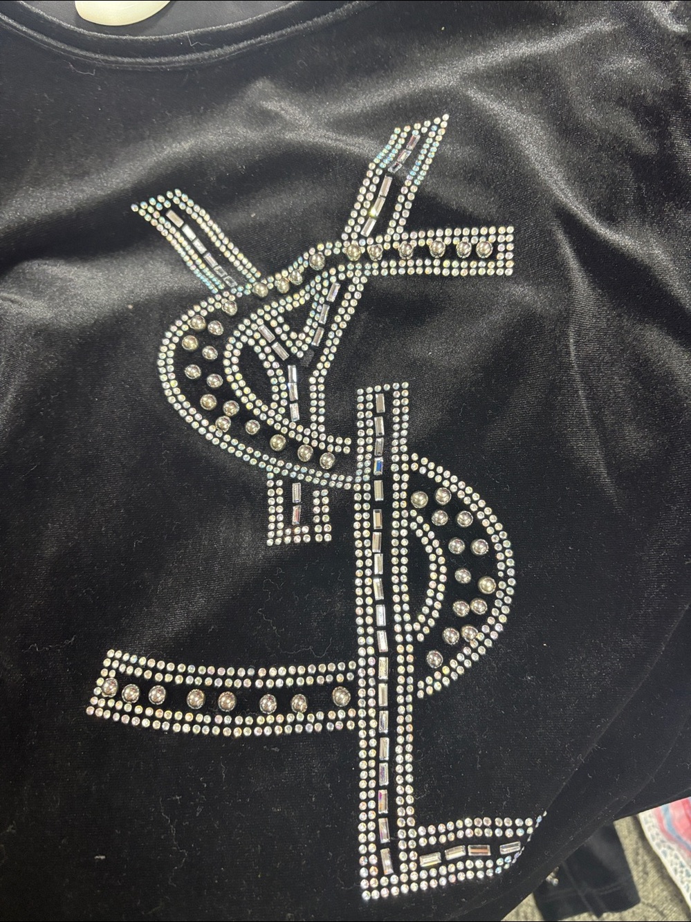 Embellished Crystal Logo Velvet Top - Black